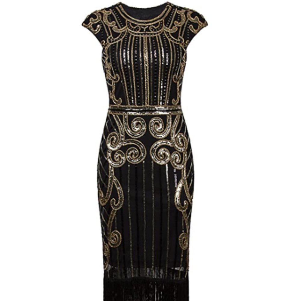VIJIV 1920s Vintage Inspired Sequin Embellished Fringe Long Gatsby Flapper Dress